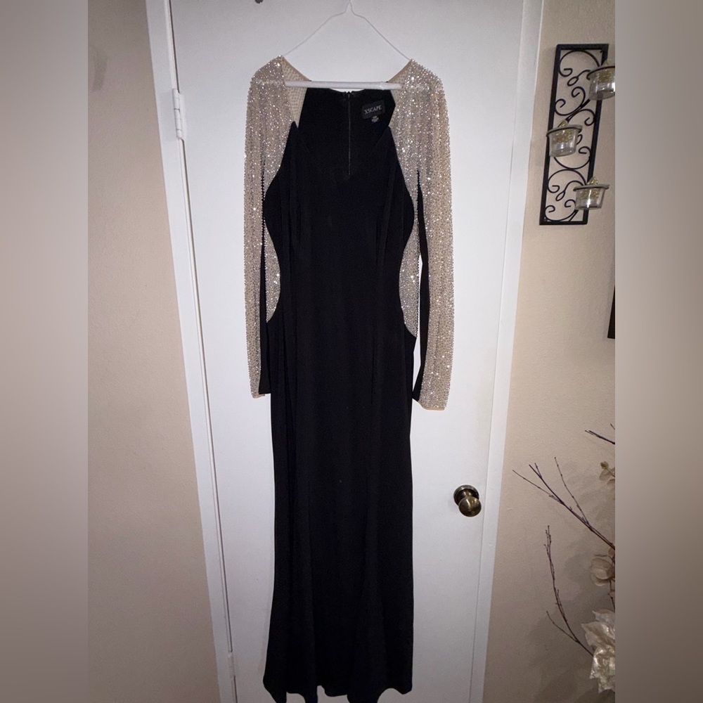 Xscape Black Rhinestone Illusion Sleeve Evening Gown – Elegant Formal Dress
